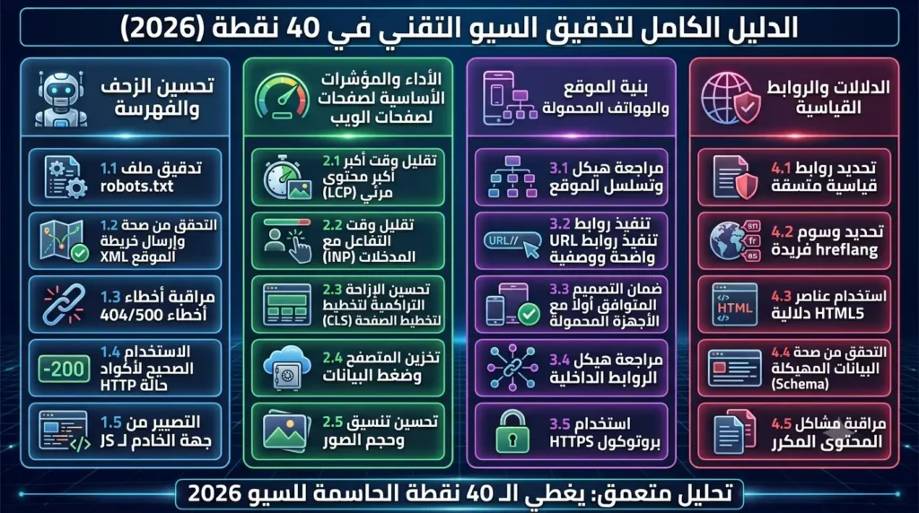 قائمة تدقيق السيو التقني: 40 نقطة لعام 2026