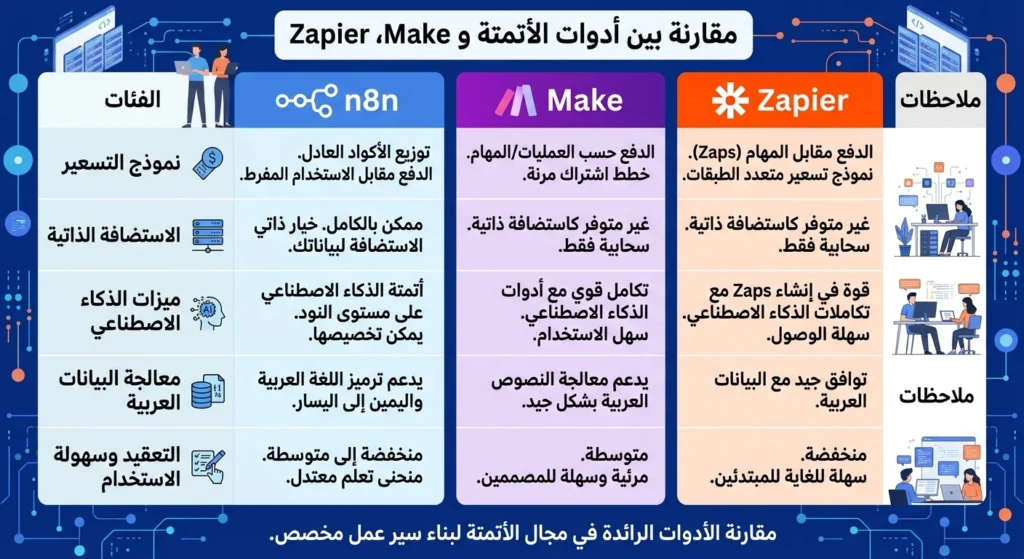 مقارنة n8n وMake وZapier 2026: أي أداة أتمتة تناسبك؟